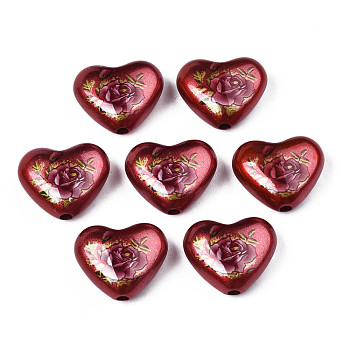 Spray Painted Opaque Acrylic Beads, Heart with Flower, Dark Red, 16x19x8mm, Hole: 2mm