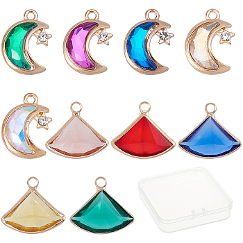 SUNNYCLUE 12Pcs 2 Styles 6 Colors Glass Rhinestone Pendants, with Light Gold Plated Brass Plain Edge Bezel Cups, Faceted, Moon & Fan, Mixed Color, 1style/color