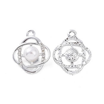 Alloy Rhinestone Pendants, with ABS Plastic Imitation Pearl Beads, Flower Charm, Platinum, 21.5x17.5x8mm, Hole: 2.5mm