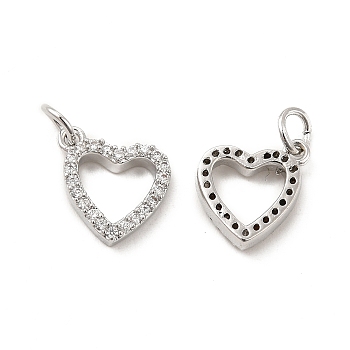 Brass Micro Pave Clear Cubic Zirconia Charms, with Jump Ring, Heart Charm, Platinum, 11x11x2.5mm, Hole: 3.5mm