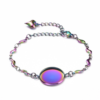 304 Stainless Steel Bracelet Making, with Lobster Claw Clasps, Link Chains and Flat Round Cabochon Settings, Rainbow Color, Tray: 16mm, 5-3/4 inch(14.5cm)