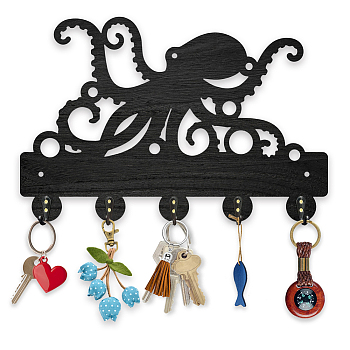 Wood & Iron Wall Mounted Hook Hangers, Decorative Organizer Rack, with 2Pcs Screws, 5 Hooks for Bag Clothes Key Scarf Hanging Holder, Octopus, 200x300x7mm.