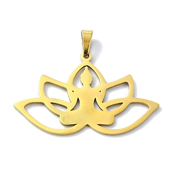 304 Stainless Steel Pendants, Laser Cut, Lotus with Yoga Charms, Golden, 23x37x1mm, Hole: 6x3mm