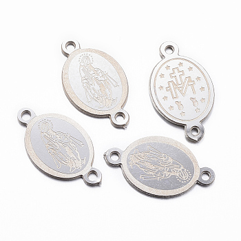 Tarnish Resistant 304 Stainless Steel Links connectors, Oval with Virgin Mary, Stainless Steel Color, 16x9x0.8mm, Hole: 1mm