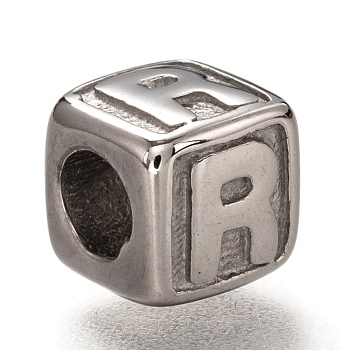 304 Stainless Steel European Beads, Large Hole Beads, Horizontal Hole, Cube with Letter, Stainless Steel Color, Letter.R, 8x8x8mm, Hole: 4.5mm