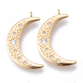 Brass Micro Pave Clear Cubic Zirconia Pendants, Nickel Free, Moon, Real 18K Gold Plated, 27x16x2mm, Hole: 1.4mm