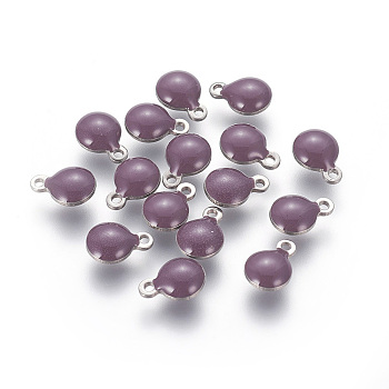 304 Stainless Steel Enamel Charms, Enamelled Sequins, Flat Round, Stainless Steel Color, Purple, 13.5x10x3.5~4mm, Hole: 1.4mm