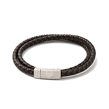Microfiber Leather Braided Double Loops Wrap Bracelet with 304 Stainless Steel Magnetic Clasp for Men Women, Coconut Brown, 16-3/4 inch(42.5cm)