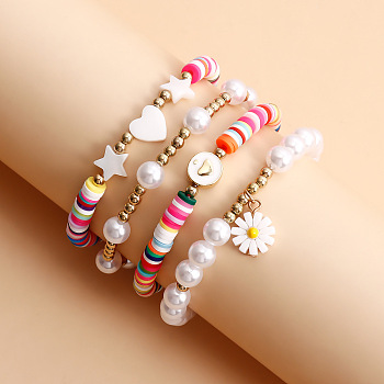 Colorful Soft Polymer Clay Shell & Imitation Pearl Beaded Stretch Bracelet Set, Flower Charm Stackable Bracelets, 7-1/8 inch(18cm)