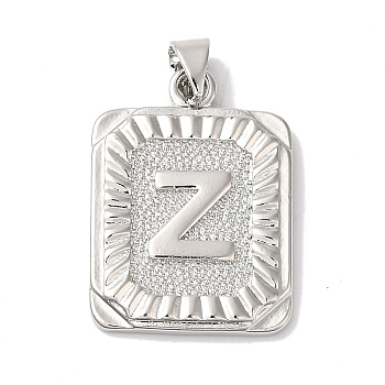 Rack Plating Brass Pendants, Long-Lasting Plated, Lead Free & Cadmium Free, Square with Letter Charms, Letter Z, 24x17x2.5mm, Hole: 4x3.5mm