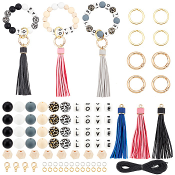 PandaHall Elite DIY Word Love Keychain Wristlet Making Kits, Including Silicone & Natural Wood Beads, Imitation Leather Tassel Pendants Decorations, Alloy Spring Gate Rings, Iron Split Key Rings, Mixed Color