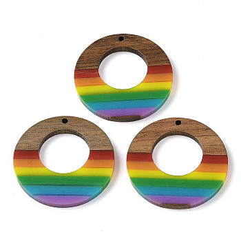 Pride Rainbow Theme Resin & Walnut Wood Pendants, Flat Round, Colorful, 38x3.5mm, Hole: 2mm