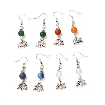 Elephant Tibetan Style Alloy Dangle Earrings for Girl Women, with Natural & Synthetic Gemstone Beads, 50mm, Pin: 0.7mm