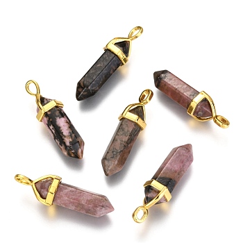 Natural Rhodonite Double Terminated Pointed Pendants, with Random Alloy Pendant Hexagon Bead Cap Bails, Golden, Bullet, 37~40x12.5x10mm, Hole: 3x4.5mm
