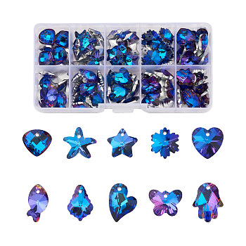 Glass Rhinestone Pendants, DIY Accessories for Jewelry Making, Mixed Shapes, Blue, 12~18x9~15x5~8mm, Hole: 1.2~1.6mm, 100pcs/set