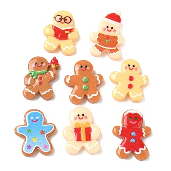 Gingerbread Man Christmas Theme Opaque Resin Beads, Half Drilled/Half Hole, Mixed Color, 18.5~22x16~17.5x3.5~4.5mm