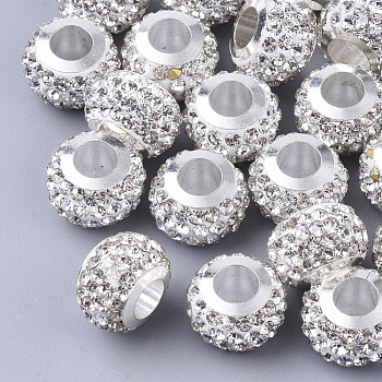 Polymer Clay Rhinestone European Beads, with Brass Single Cores, Large Hole Beads, Rondelle, Platinum, Crystal, PP11(1.7~1.8mm), 11x8mm, Hole: 5mm