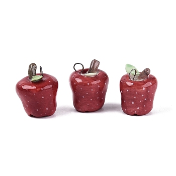 Handmade Porcelain Pendants, Red Delicious Apple Charms, with Iron Loops, Platinum, FireBrick, 23.5~25x18~20.5mm, Hole: 4~5mm