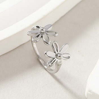 304 Stainless Steel Open Cuff Rings for Women, Flower, Stainless Steel Color, US Size 7(17.3mm)