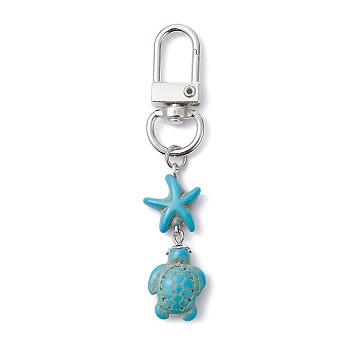 Synthetic Turquoise Pendant Decoration, with Alloy Swivel Clasps, Sea Turtle & Starfish, Platinum, 73mm