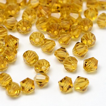 Imitation 5301 Bicone Beads, Transparent Glass Faceted Beads, Goldenrod, 4x3mm, Hole: 1mm, about 720pcs/bag