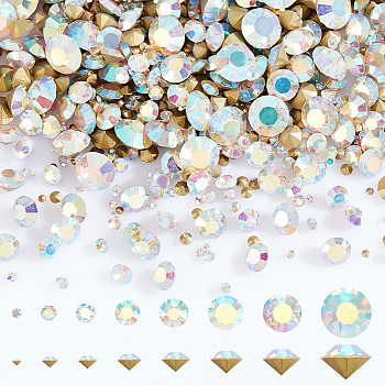 8 Style Pointed Back Glass Rhinestone Cabochons, Back Plated, Faceted, Diamond, Crystal AB, 2~10x1~6.5mm, 860pcs/box