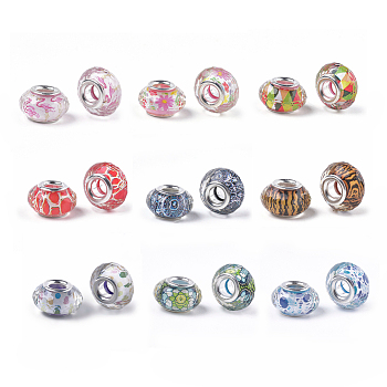 Resin European Beads, Large Hole Beads, with Silver Color Plated Brass Cores, Faceted, Rondelle, Flamingo Pattern, Mixed Color, 14x8~8.5mm, Hole: 4.5~5mm