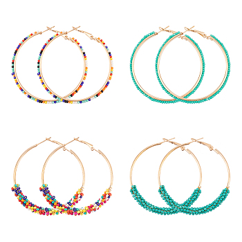 ANATTASOUL 4 Pairs 4 Style Glass Beaded Big Hoop Earrings, Light Gold Alloy Jewelry for Women, Mixed Color, 54~57x51~53x3~6.5mm, Pin: 0.9mm, 1 Pair/style