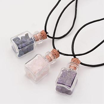 Glass Wishing Bottle Leather Cord Pendant Necklaces, with Natural Gemstone Chip Beads, Cuboid, 18.11 inch