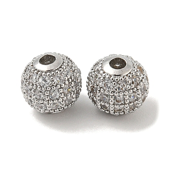 Brass Micro Pave Clear Cubic Zirconia Beads, Round, Platinum, 8.5x8mm, Hole: 1.8mm
