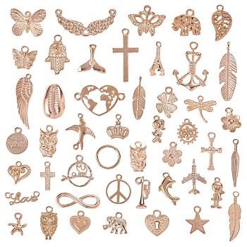 47Pcs Alloy Pendants, for Jewelry Necklace Bracelet Earring Making Crafts, Mixed Shapes, Rose Gold, 13~15x10~24mm