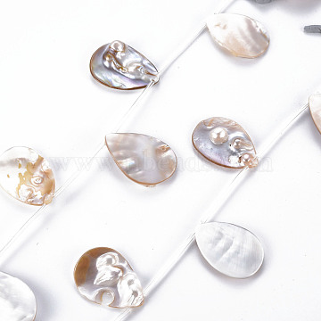 Natural Shell Pearl Pendants, Teardrop, Seashell Color, 34~36x24~26x2~8mm, Hole: 0.7mm, about 10pcs/strand, 16.14 inch(41cm)(SSHEL-N032-38)