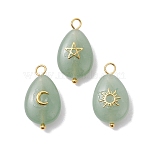 3Pcs 3 Styles Natural Green Aventurine Pendant, Teardrop Charms with Golden Plated Metal Moon & Sun & Star, 23~23.5x13x6.5~7mm, Hole: 2.4~2.8mm, 1pc/style(PALLOY-JF02576-01)
