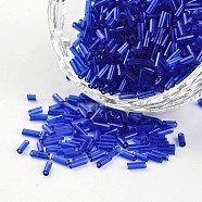 Transparent Colours Round Hole Glass Bugle Beads, Blue, 3~5x1.8~2mm, Hole: 0.8mm, about 12000pcs/450g(SEED-I001-8)