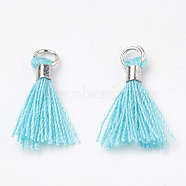 Polycotton(Polyester Cotton) Tassel Pendant Decorations, Mini Tassel, with Brass Findings, Platinum, Turquoise, 10~15x3~4mm, Hole: 2mm(FIND-S275-15P)