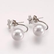 304 Stainless Steel Ear Studs, with Acrylic Beads, Star, Stainless Steel Color, 23x10x15mm, pin: 0.7mm(EJEW-K045-08P)
