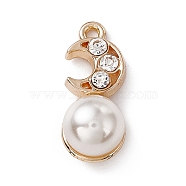 Alloy Rhinestone Pendants, with ABS Imitation Pearl Beads, Moon Charm, Golden, Crystal, 19x8x8.5mm, Hole: 1.4mm(PALLOY-P287-18G-01)