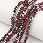 Electroplate Opaque Glass Beads Strands, Half Black Plated, Faceted, Rondelle, Dark Red, 6x5mm, Hole: 1mm, about 85~88pcs/strand, 16.1~16.5 inch(41~42cm)(EGLA-A034-P6mm-P16)
