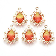 Golden Tone Brass Pendants, with Faceted Glass, Teardrop, Orange Red, 25.5x19x6mm, Hole: 1.6mm(X-GLAA-R212-03G)