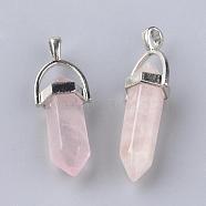 Natural Rose Quartz Double Terminated Pointed Pendants, with Platinum Tone Alloy Findings, Bullet, 35~42x11~13x7.5mm, Hole: 3.5x4.5mm(G-S240-13)