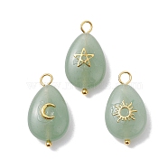 3Pcs 3 Styles Natural Green Aventurine Pendant, Teardrop Charms with Golden Plated Metal Moon & Sun & Star, 23~23.5x13x6.5~7mm, Hole: 2.4~2.8mm, 1pc/style(PALLOY-JF02576-01)