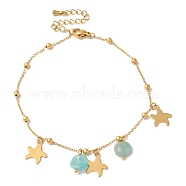 Summer Beach Nuggets Natural Amazonite & Ion Plating(IP) 304 Stainless Steel Charm Anklets for Women, Golden, Starfish, 8-5/8 inch(22cm)(BJEW-P326-05E-G)