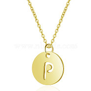 201 Stainless Steel Initial Pendants Necklaces, with Cable Chains, Flat Round with Letter, Golden, Letter.P, 16.3 inch(40cm), 1mm(NJEW-S069-TN508-P)