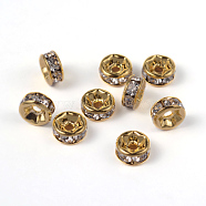 Brass Rhinestone Spacer Beads, Grade AAA, Straight Flange, Nickel Free, Golden Metal Color, Rondelle, Crystal, 6x3mm, Hole: 1mm(RB-A014-Z6mm-01G-NF)