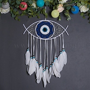 Wooden Woven Net/Web with Feather Pendant Decotations, with Dyed Feather and Silk Cord, Wall Hanging Ornament for Car, Home Decor, Evil Eye, White, Pendant: 550x370mm(FEAT-PW0001-120A)