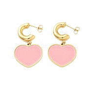 Ion Plating(IP) 304 Stainless Steel Heart Stud Earrings, with Enamel for Women, Real 18K Gold Plated, Pink, 40x23.5mm(EJEW-A114-11G-03)