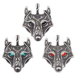 3Pcs 3 Colors 304 Stainless Steel Pendants, with Rhinestone Eyes, Wolf, Mixed Color, 49x39x7mm, Hole: 5.5X9.5mm, 1pc/color(STAS-UN0055-81)