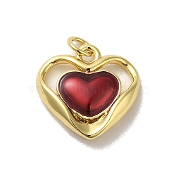 Rack Plating Brass Enamel Pendants, with Jump Ring, Long-Lasting Plated, Lead Free & Cadmium Free, Real 18K Gold Plated, Heart Charm, FireBrick, 16.5x17x4mm(KK-H473-06G-01)
