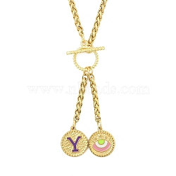 Ion Plating(IP) 304 Stainless Steel Purple Enamel Letter & Eye Pendant Wheat Chain Necklaces, with Toggle Clasps, Golden, Letter Y, 20.47~20.87 inch(52~53cm)(STAS-Z102-01G-Y)