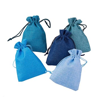 5 Colors Blue Burlap Packing Pouches, Drawstring Bags, Blue, 13.8~14x10cm, 25pcs/set